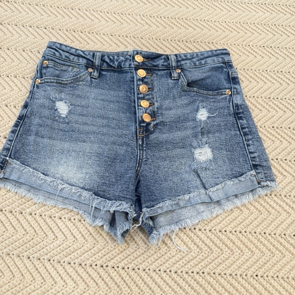 Altar'd State Jean Shorts Womens 28 Blue Distressed Button Fly Raw Hem 3" Inseam
